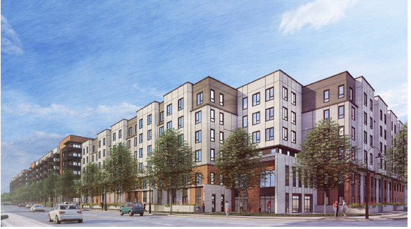 Architectural rendering of a modern multi-story residential building with large windows, a mix of brick and light-colored paneling, and tree-lined sidewalks. Pedestrians are walking along the street, and cars are driving by under a blue sky with scattered clouds
