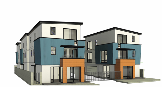 Rendering of modern three-story townhomes surrounded by a fence and sidewalk.