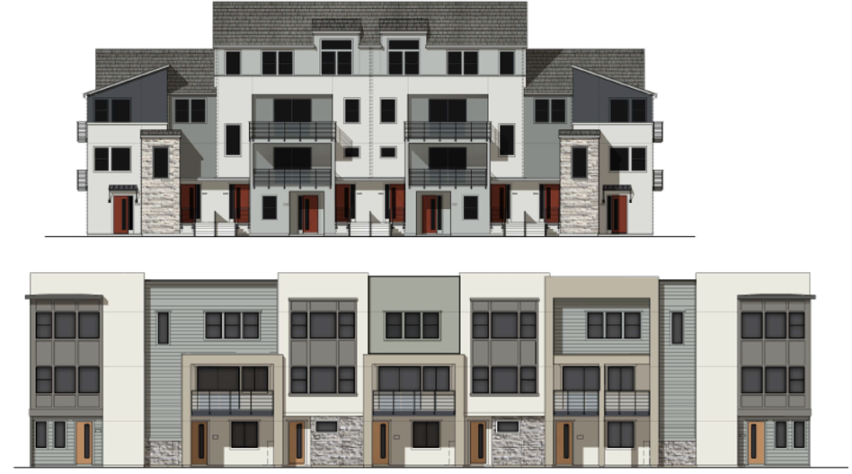 Top Image: Rendering of a modern, four-story stacked condo building with a gable roof, light blue and dark blue stucco with a red door, Bottom Image: Rendering of a modern three-story townhome building with a flat roof, green and beige stucco with a orange door.