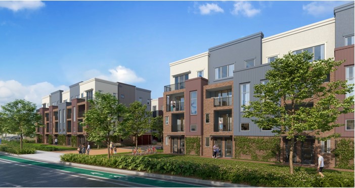 Rendering of the proposed modern townhouses along Coleman Avenue, featuring varied façade materials and colors accented by balconies and generous window openings. The project also includes construction of a new detached sidewalk with a landscaped buffer.