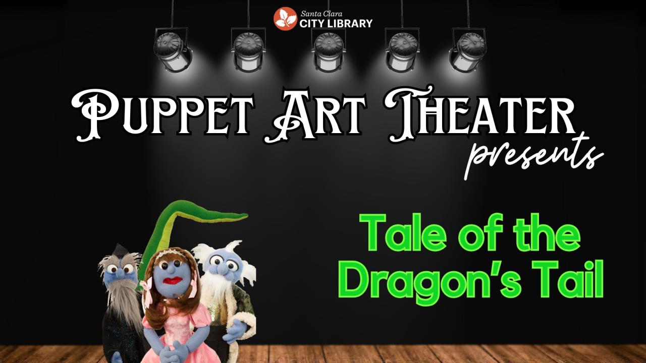 A group of three blue puppets in front of a green dragon's tail.