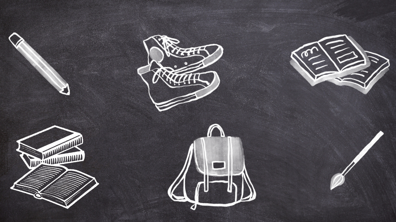 Chalkboard with several drawings of school supplies.