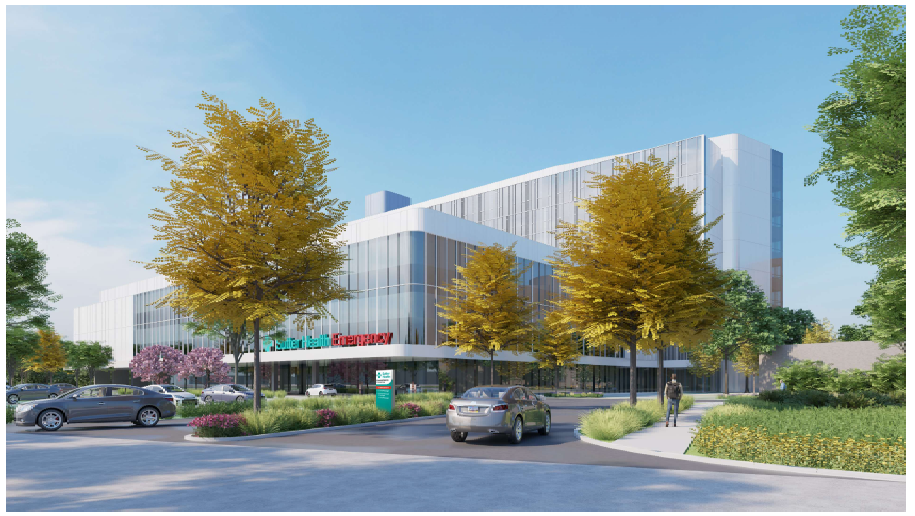 Rendering of a modern, eight-story hospital building with a three story portion in the front housing the Emergency department, surrounded by trees and sidewalk.